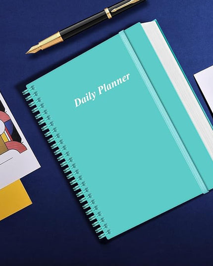 Daily Planner Undated - A4 To Do List Notebook Hourly Schedules, Spiral Appointment Planner for Women and Men,PVC Hardcover, Inner Pocket, Elastic Closure, 8.5" x 11", Teal