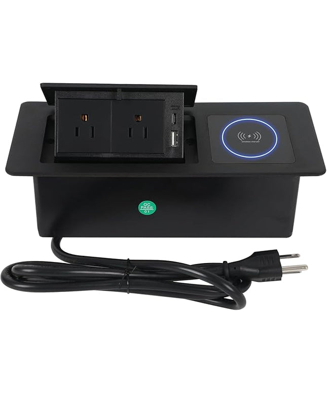 Pop Up Outlet with 15W Wireless Charger, Power Strip with 2 AC Outlets, USB A and USB C Charging Ports Recessed Multimedia Strip Socket Hidden Table Connection Box with Outlet (Black-F-Wireless)