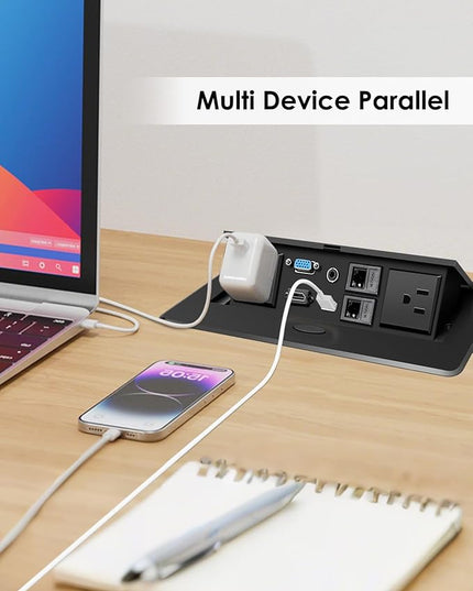 Pop Up Conference Table Power Outlet with 2 Power Sockets+2 RJ45+1 HDMI+1 USB+1 VGA and 1 Audio, Embedded Table Hub Data Center Connectivity Box with 9.8FT Power Cord for Conference Desk