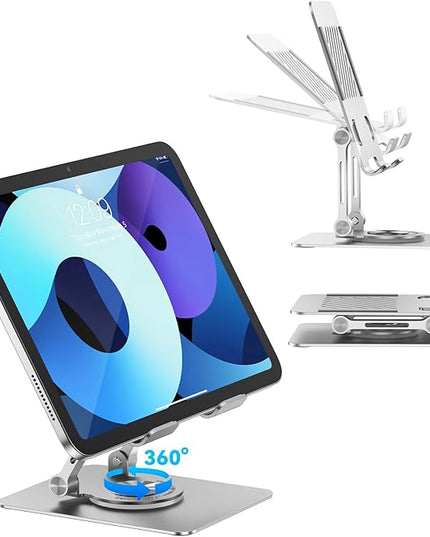 JUANWE Tablet Stand Holder with 360° Rotating Base, Adjustable Foldable iPad Stand, Aluminium Tablet Holder for Desk, Compatible with iPad Pro/Air//Mini, Switch, iPhone15 and More (4-13 inch)