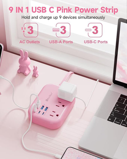 6 USB(3 USB C) Pink Power Strip- 5Ft Extension Cord with 6 USB Charging Station 24W/4.8A and 3 Outlets, Desk Accessories for Cruise Travel Pink Cute Kawaii College Dorm Desk Home Essentials