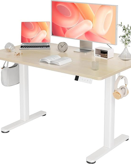 YDN Electric Standing Desk Adjustable Height, 48 x 24 Inches Stand up Desk with Cable Management, Home Office Desks with Splice Board & White Frame, Nature Top