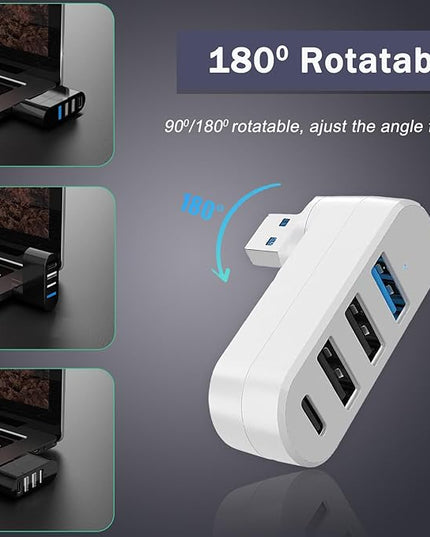 VIENON 4-Port USB 3.0 Hub [90/180 Rotatable], USB Splitter with 3 USB Ports & 1 USB C Power/Data Port, USB Extender for Laptops, Cars, iMac, MacBook Air, MacBook Pro