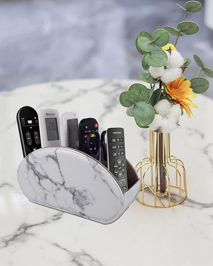 RHCSZ Leather Remote Control Holder with 5 Compartments TV Remote Caddy Store Box,Desktop Organizer for Controller, Glasses and Media Player,Pen Storage (White)