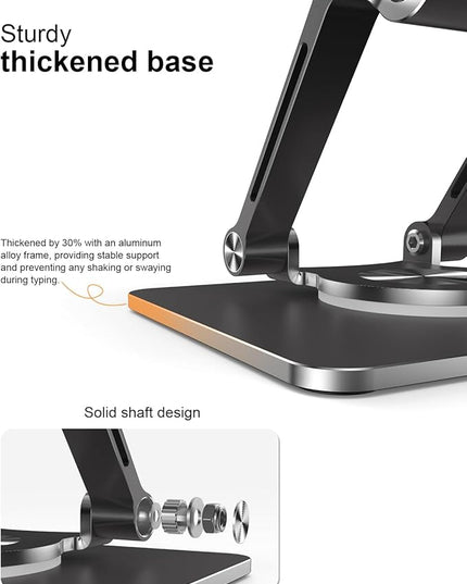 Tablet Stand Holder with Thickened 360°Rotating Base Dual Rod Adjustable Aluminum Stand for All 5.8-12.9” iPad Samsung Phone Tablet Kindle E-Reader and More, Black