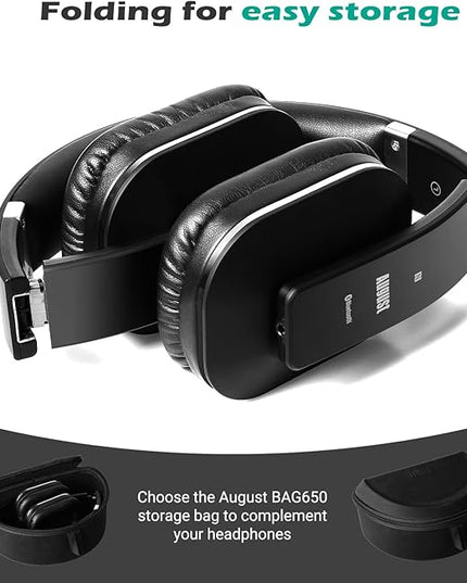 August EP650 Bluetooth Wireless Over-Ear Headphones with aptX Low Latency, NFC, Multipoint Pairing, Wired Option, Built-in Microphone - Black