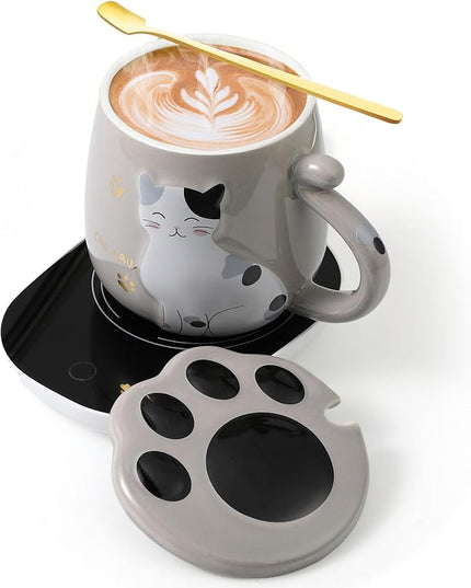 Honeydak Coffee Mug Warmer Cute Cat Mug Set Cup Warmer for Women Heated Coffee Warmers for Mom Home Office Desk Valentine's Day Anniversary Birthday Gifts(Cat,Gray)