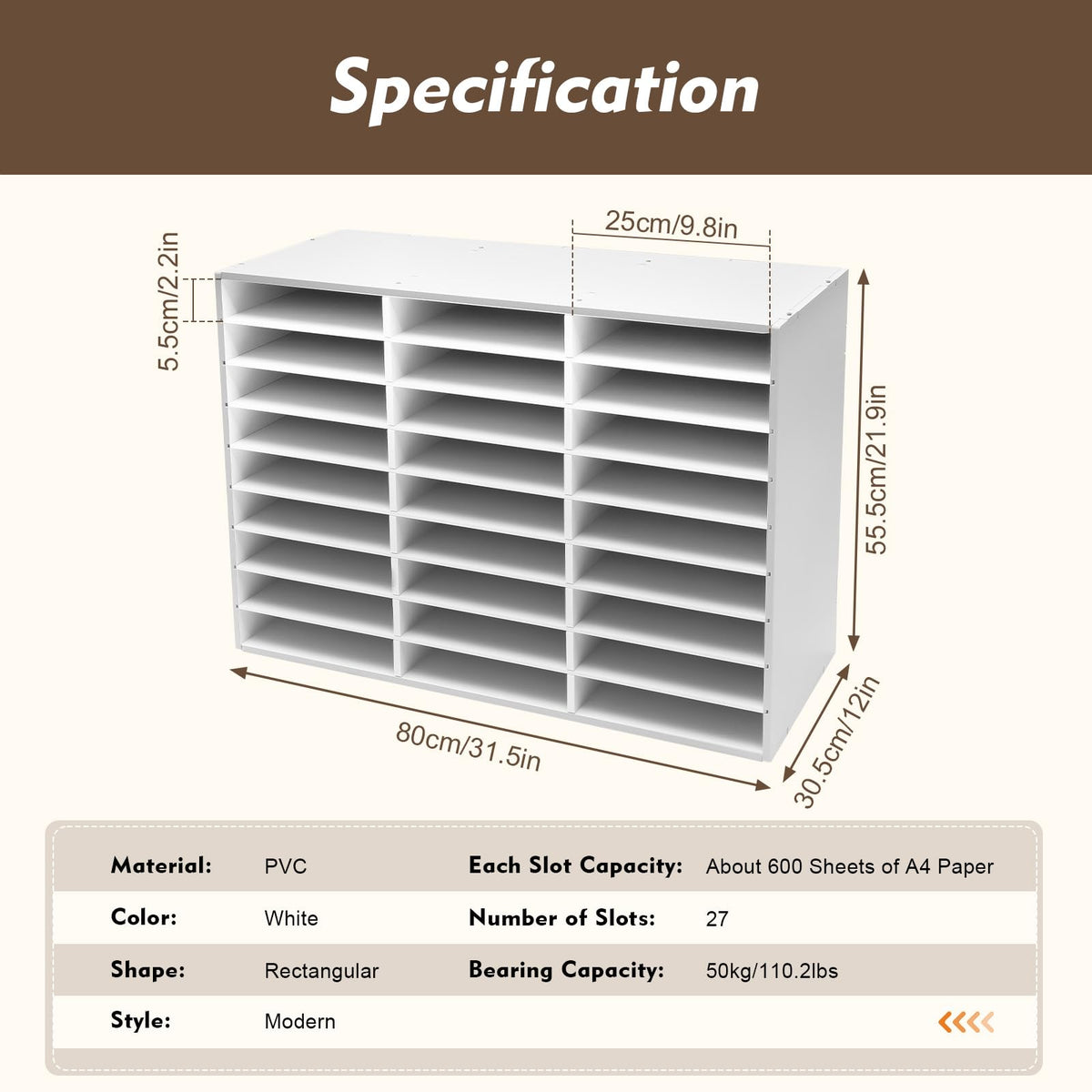 MhdunueSK Literature Organizers, 27 Compartments Office Mailbox with Adjustable Shelves, 9 Layer Mail Organizer for Home School Offices, Wood Literature Sorter 32x12x22 for Office(White, 27 Slots)