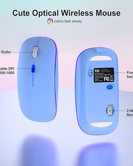 Blue Light Up Keyboard and Mouse Wireless,Cute 2.4Ghz Cordless Rechargeable Transparent Backlit Keyboard,15 Backlight Effects,Volume Knob,RGB Mouse with 3 DPI for Mac Computer PC Laptop Desktop iPad