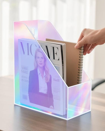 Acrylic Magazine Rack Desk File Holder Organizer for Office Desktop Vertical Magazine Storage Box, 12 x 10 x 5'', Iridescent