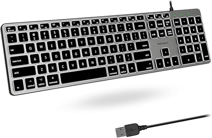 Macally Backlit Mac Keyboard - Quiet, Sleek, and Functional - 3 Brightness Levels, 107 Keys, 5ft USB Wired - Apple Keyboard - Backlit Wired for Mac, iMac, MacBook Pro/Air - Space Gray