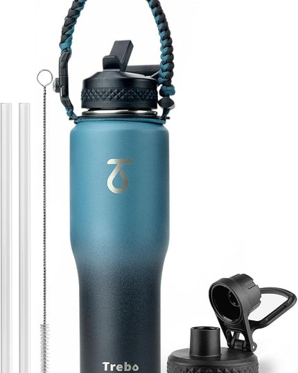 Trebo 32oz Insulated Water Bottle that Fits in Cup Holder, Stainless Steel Double Wall Tumbler Flask Bottles with Paracord Handle, with Straw Spout Lids, Keep Cold for 48 Hrs/Hot 24 Hrs,Indigo/Black