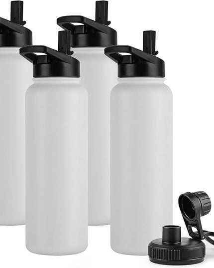 DOMICARE 40 oz Insulated Water Bottle Bulk, Vacuum Insulated Stainless Steel Sports Water Bottle with Straw Lid & Spout Lid, Leakproof, Reusable - Travel, Camping, Bike, White (4 Pack)