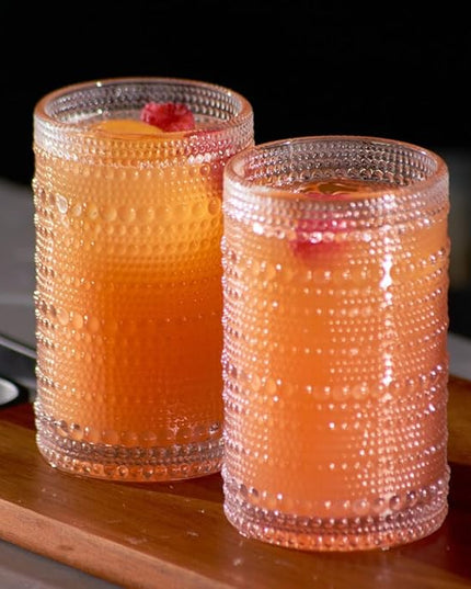 LEMONSODA Hobnail Highball Glasses Set of 2 – Vintage Clear Drinking Glass Cups 15oz – Textured Tall Retro Glassware Tumblers for Water, Iced Coffee, Cocktails, Soda, Juice (Highball 15oz, Set of 2)