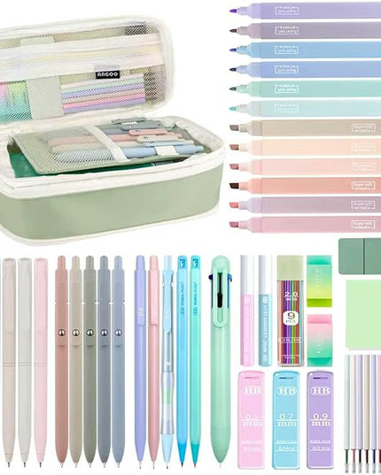 54PCS Aesthetic School Supplies with Large Pencil Case,12 Pastel Highlighters,5 Black & 6 Color Ink Gel Pens, 6-in-1 Ballpoint Pen,5 Mechanical Pencils 0.5-2.0mm Student Essentials (Green)