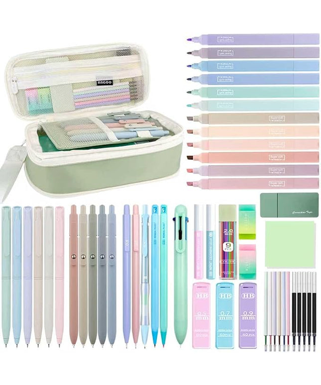 54PCS Aesthetic School Supplies with Large Pencil Case,12 Pastel Highlighters,5 Black & 6 Color Ink Gel Pens, 6-in-1 Ballpoint Pen,5 Mechanical Pencils 0.5-2.0mm Student Essentials (Green)