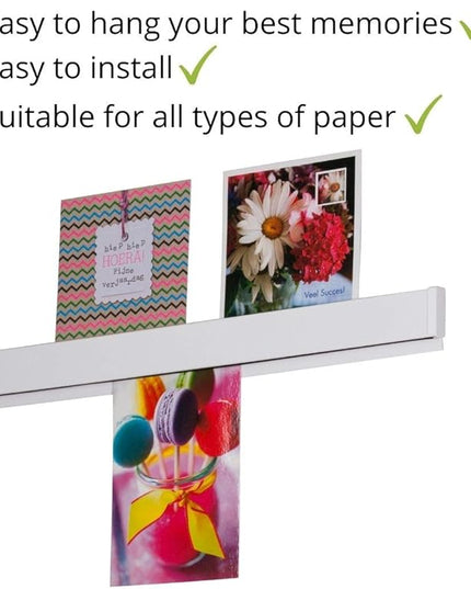 STAS Papergrip - Hanging Pictures Without Nails - Artwork Display - Paper/Magazine Holder for Wall - White Bulletin Bar 59 inch (150cm) - Photo Rail System – Kids Art Display for Wall