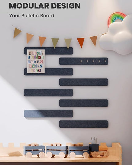 Fluxynara Cork Board Alternative Felt Strip Board 8-Pack 13"x2", Office Pin Board with 50 Push Pins, Adhesive Install for Bedroom Door & Home Office(Deep Charcoal Blue)