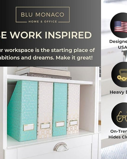 BLU MONACO | Set of 4 Foldable Pink & Aqua Magazine File Holders with Gold Geometric Patterns | Vertical File Organizer Boxes with Gold Label Holders for Home & Office