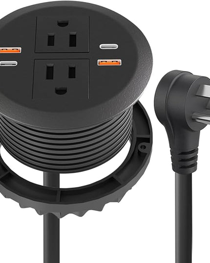 Desktop Power Grommet,Dual PD20W USB C,40W Total Output,4 USB Ports,Flush Mounted for 3-1/8" Desk Grommet Holes,Round Recessed Outlet,ETL-Certified,Flat Plug,6.4 ft,Black