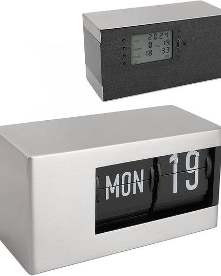 Flip Desk Clock, Intelligent Perpetual Calendar Unique Flip Design Flip Clock 2600Mah Built in Batteries Digital Flip Down Clock for Home Room Office (Silver)