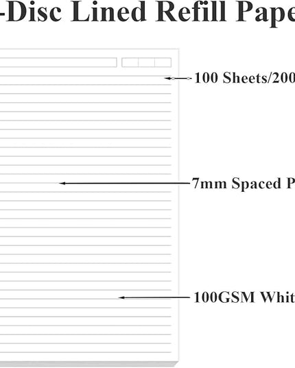 Junior Size Lined Refill Paper - A5 Note-Taking System 8 Disc Discbound Refill Pages, 100Sheets / 200Pages Loose-Leaf Paper, 100gsm, White, 5.8" x 8.3"