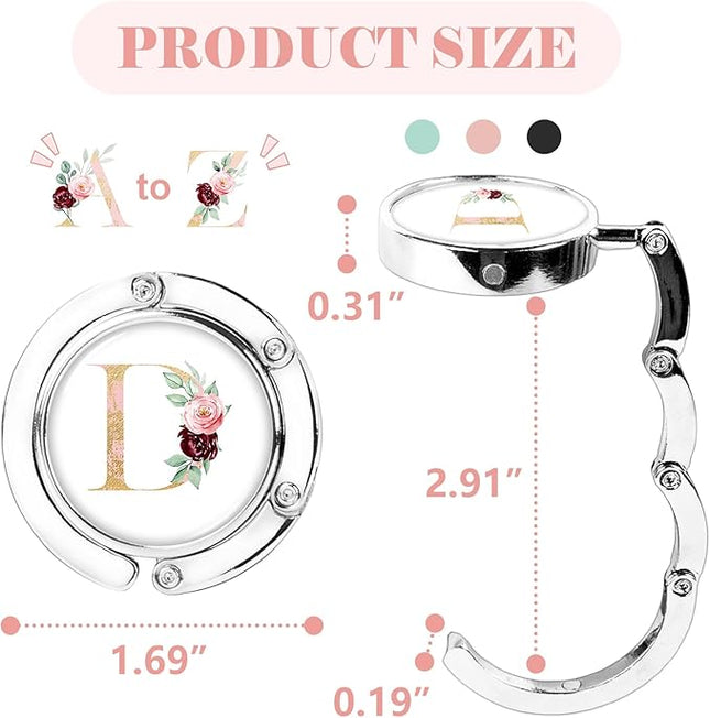 Personalized Initial Table Hook - 3 Folding Purse Hangers with Magnet, Flower Letter Handbag Holder for Women (Pink-D)