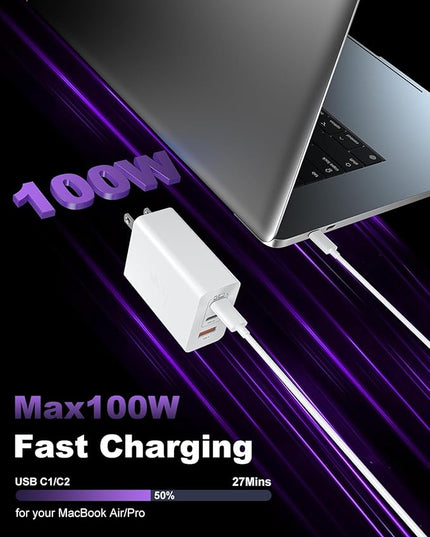 USB C Charger Block 100W, 3-Port GaN Super Fast Phone Charger, Type C 65W Laptop Chargers with 10ft USB C Charging Cable for MacBook Pro/Air,iPad Pro, iPhone 17/16/15Pro, S25/S24/S23 and More[2 Pack]