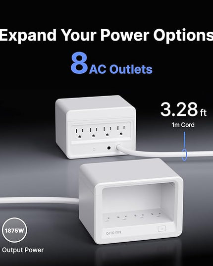 Gitryin 8-in-1 Power Strip with Multiple Outlets,1020J Desktop Charging Station with 8 AC for Home Office, 3.28ft Heavy Duty Extension Cord with Flat Plug, White