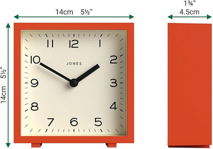 JONES CLOCKS® Disco Desk Clock | Sleek Square Design | Orange | Stylish and Easy to Read for Shelf, Table, Mantel or Bedside