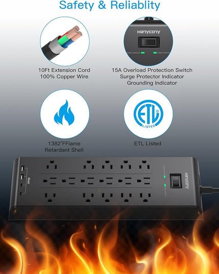 Extension Cord 15 Ft, HANYCONY Power Strip with 16 Oultets 4 USB Ports(2 USB C), 2700 Joules Heay Duty Surge Protector, Flat Plug, Wall Mount for Home Office, ETL Listed, Black