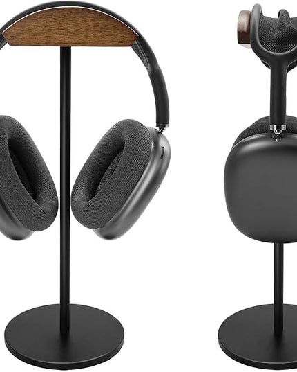 GEVO Headphone Stand for Desk, Walnut Wood & Aluminum Headset Stand, Universal Walnut Gaming Headset Holder with Solid Heavy Base for AirPod Max, Bose, Sony All Headphone Sizes (Circular Base)