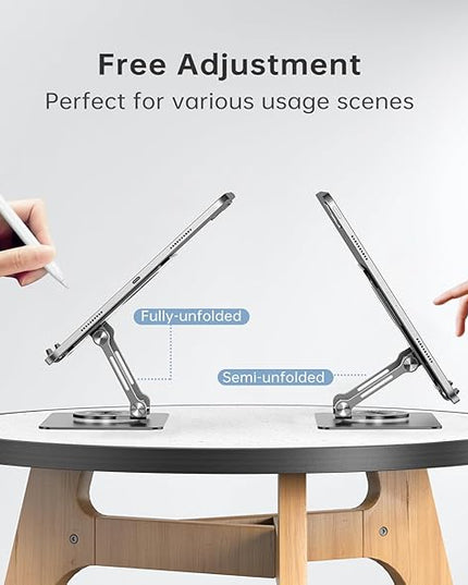 Tablet Stand Holder with 360° Rotating Base Dual Rod Aluminum Adjustable Tablet Stand for Desk Compatible with iPad Samsung Phone Kindle E-Reader and More, Black