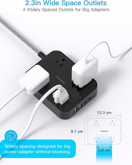 Black Flat Plug Extension Cord, HANYCONY 5ft Power Strip with 4 USB Ports(2 USB C), 4 Widely Outlets Extender, Wall Mount, Desk Charging Station for Office, School, Travel and Dorm Room Essentials