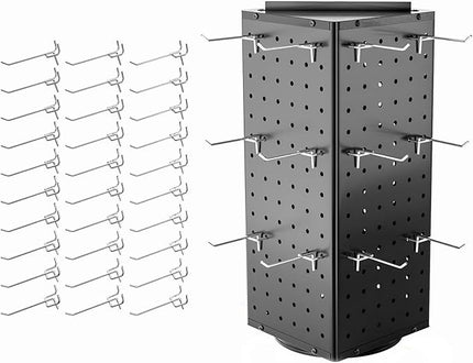 BYCY Rotating Pegboard Display Stand with 30 Hooks,Metal Spinning Peg Board Displays for Craft Shows,4-Sided Jewelry and Accessories Display Racks for Markets,Vendors,Events&Retail Stores (Black)