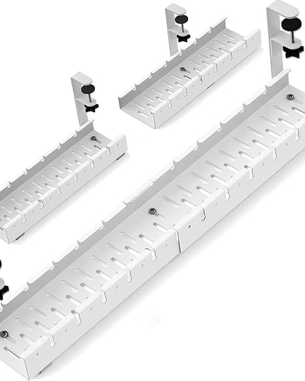 No Drilling Extendable Under Desk Cable Management, Metal Cable Management Tray Under Desk with Clamp, Retractable Power Strip Cord Holder for Wire Management 31Inch (1 Pack White)
