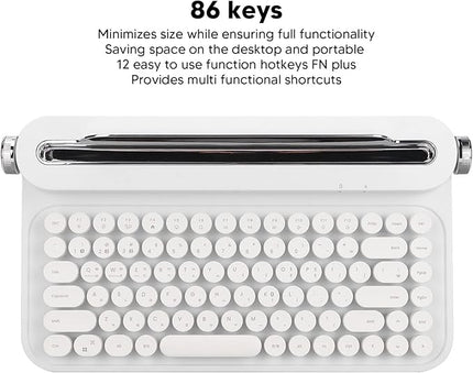 OPPWONG Vintage Bluetooth Keyboard 86 Keys Portable Wireless Keyboard with Red Esc Replacement Keycap Integrated Stand Recess Design for Smartphones, Tablets, Laptops (White)