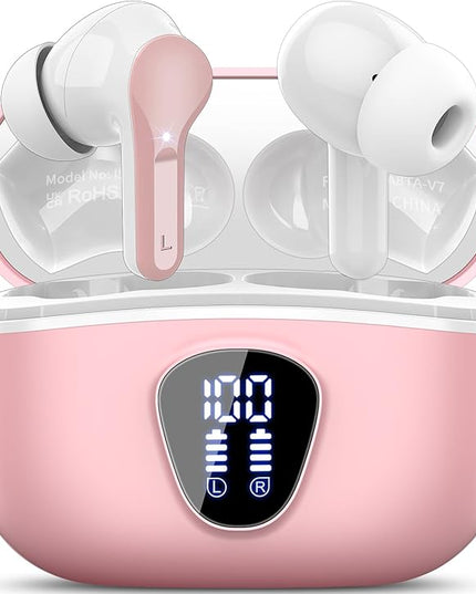 Wireless Earbuds, Bluetooth 5.4 Headphones HiFi Stereo, Bluetooth Earbuds with ENC Noise Cancelling Mic, IP7 Waterproof in Ear Earphones, 48H, LED Display Ear buds for Pad Phone Workout Sports, Pink