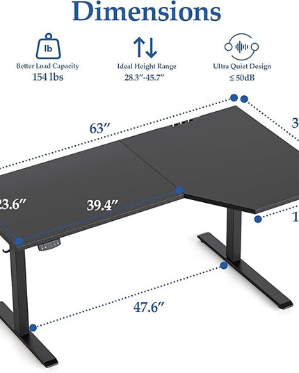 Klicelor 63 Inch L Shaped Standing Desk, Adjustable Height Corner Desk for Home Office Workstation, Sit Stand Desk with Two-Piece Desktop, Black