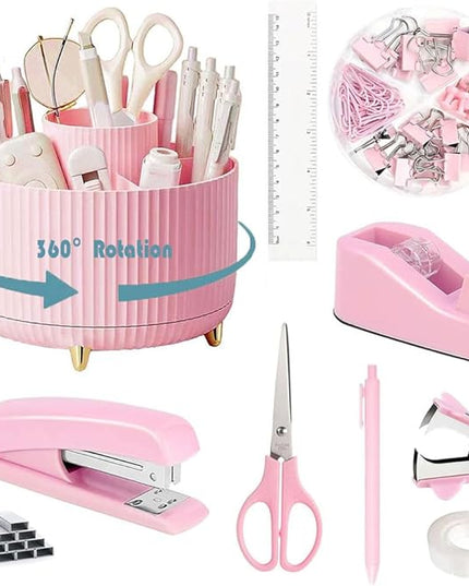 Desk Organizers and Accessories Set with 360-Degree Rotating Pen Holder, Tape Dispenser, Stapler, Staple Remover, 1000 Staples, Tape, Clips Set, Ruler, Scissor, Pen