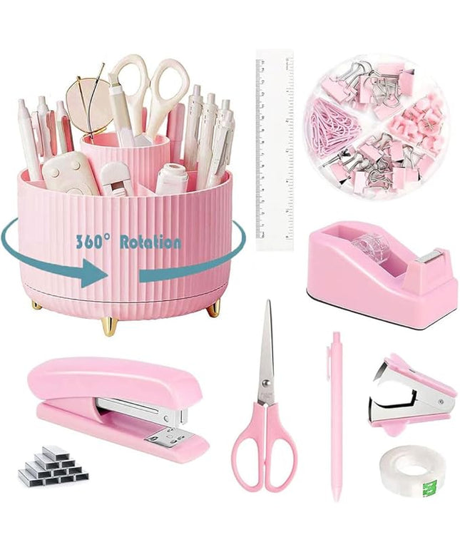 Desk Organizers and Accessories Set with 360-Degree Rotating Pen Holder, Tape Dispenser, Stapler, Staple Remover, 1000 Staples, Tape, Clips Set, Ruler, Scissor, Pen