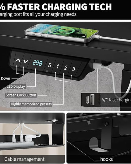 Kingant Standing Desk with Drawers & USB Charging Port, 48" x 30" Height Adjustable Home Office & Gaming Desk, Sit Stand Desk with Built-in Storage Shelf, Hook & Ergonomic Design(Classic Black)