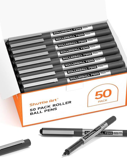Shuttle Art RollerBall Pens, 50 Pack Black Fine Point Roller Ball Pens, 0.5mm Liquid Ink Pens for Writing Journaling Taking Notes School Office