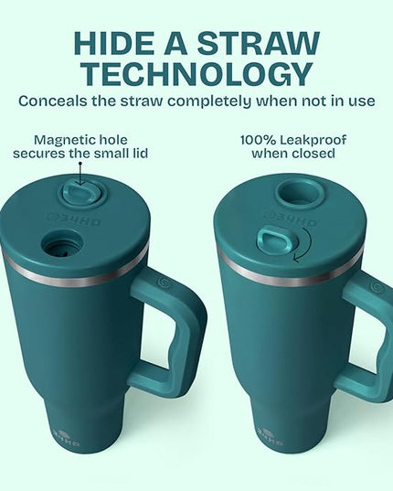 34HD 40 oz Stainless Steel Tumbler - Leakproof Insulated Water Bottle with Handle, Magnetic Lid and Flexible Straw - Iced for 48 Hours – Perfect for Men, Women, Birthday Gift, Green - Teal Mirage