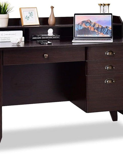 Tangkula Computer Desk with 4 Storage Drawers & Hutch, Home Office Desk Vintage Desk with Storage Shelves, Wooden Executive Desk Writing Study Desk (Brown)