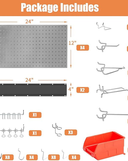 Peg Board Wall Organizer, Gray Metal Pegboard Organizer, 4 Metal Pegboard Panels(12"x24") with 55 Accessories, Wall Mount Large Peg Board Kit with Hooks, Bins for Home, Garage, Workbench