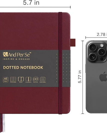 &And Per Se Dotted Journal Notebook, A5 Hardcover Leather Bullet Dotted Journal, 160 Pages 100 gsm Thick Paper，3 Sheets of Stickers Included - 5.7'' x 8''（Dark Red）
