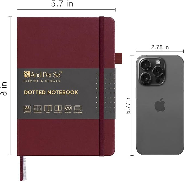 &And Per Se Dotted Journal Notebook, A5 Hardcover Leather Bullet Dotted Journal, 160 Pages 100 gsm Thick Paper，3 Sheets of Stickers Included - 5.7'' x 8''（Dark Red）