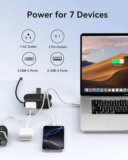ORICO 65W GaN Travel Power Strip with 7-in-1 Charging Ports (3 AC Outlets/2 USB-A/2 USB-C), Flat Plug and 4FT Extension Cord, Fast Charger for MacBook Pro/Air, iPad Pro, iPhone 17/16/15 -AP3