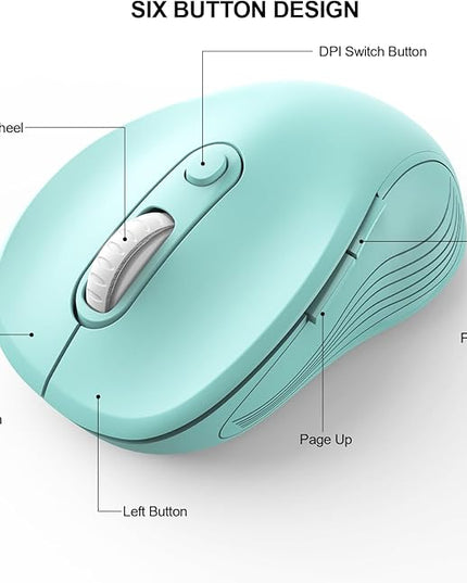 WisFox 2.4G Wireless Mouse for Laptop, Ergonomic Computer Mouse with USB Receiver and Type-C Adapter, 3 Adjustable Levels DPI, 6 Button Cordless Wireless Mice (Mint Green, 1 Pack)
